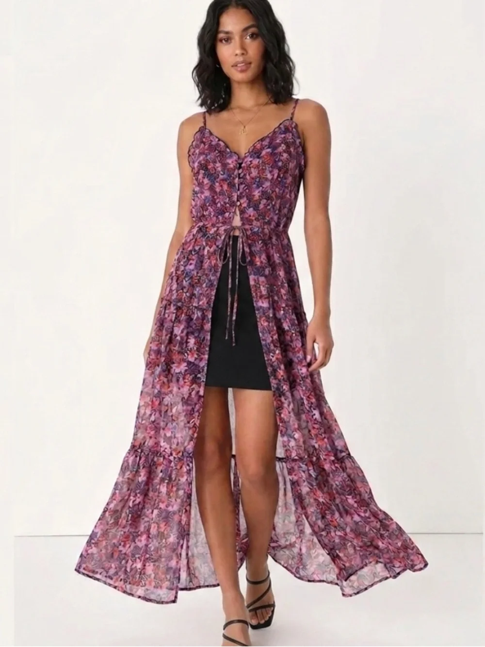 Lulus Sheer Floral Slipdress Size Small Button Front Tiered Ruffle Maxi Dress - Picture 15 of 15
